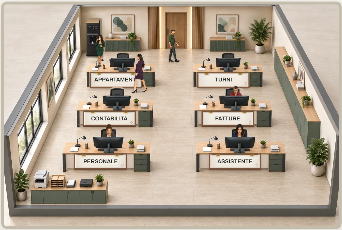 Ufficio virtuale SLIO con le scrivanie degli agenti AI